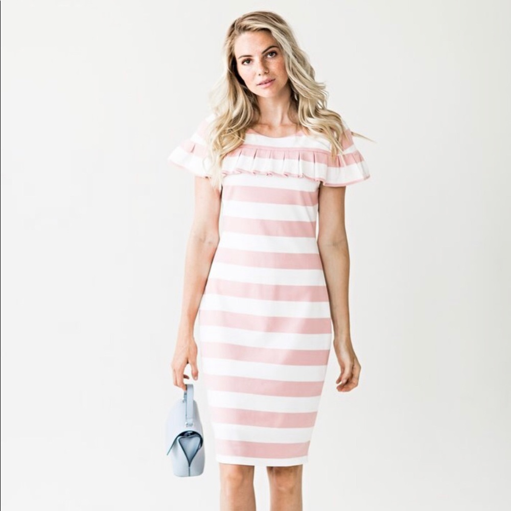 Pink Spring Striped Ruffle Sleeve Midi Dress